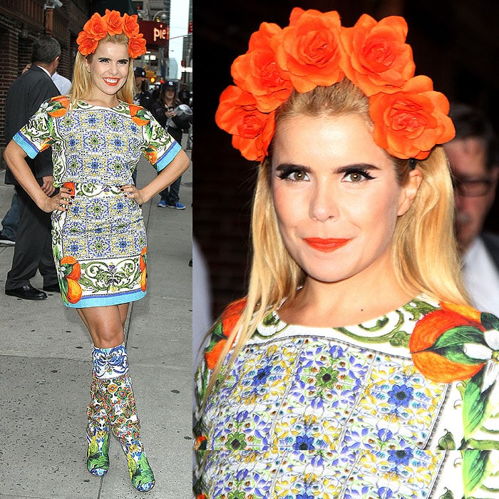 Paloma Faith's&nbsp;short-sleeve top and miniskirt&nbsp;are a mix of blue ceramic tiles and orange prints