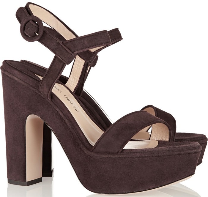 Paul Andrew &ldquo;Stanton&rdquo; suede platform sandals in dark brown feature chunky block heels, a substantial platform sole, and minimalist ankle-strap detailing for retro-inspired height and stability