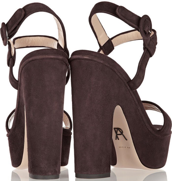 Paul Andrew &ldquo;Stanton&rdquo; suede platform sandals in dark brown feature chunky block heels, a substantial platform sole, and minimalist ankle-strap detailing for retro-inspired height and stability