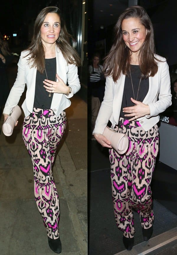 Pippa Middleton turned heads at Loulou&rsquo;s Members Club in London, adorned with Lisa August earrings and a Kinnari Weave pendant, while her ensemble featured Temperley London silk trousers, an Alice by Temperley jacket accented with a Project D crystal watch, L.K.Bennett clutch, and Peter Kaiser boots