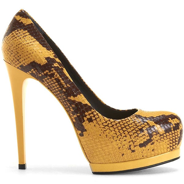 Yellow Snakeskin Pour La Victoire &ldquo;Zimmer&rdquo; Platform Pumps featuring a sculpted stiletto heel and contrasting platform sole