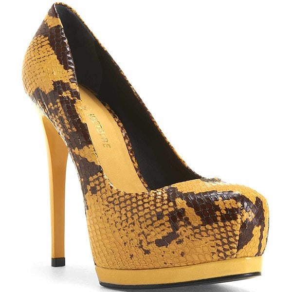 Yellow snakeskin Pour La Victoire &ldquo;Zimmer&rdquo; platform pumps, defined by their sky-high stiletto heel, rounded toe, and bold contrast platform