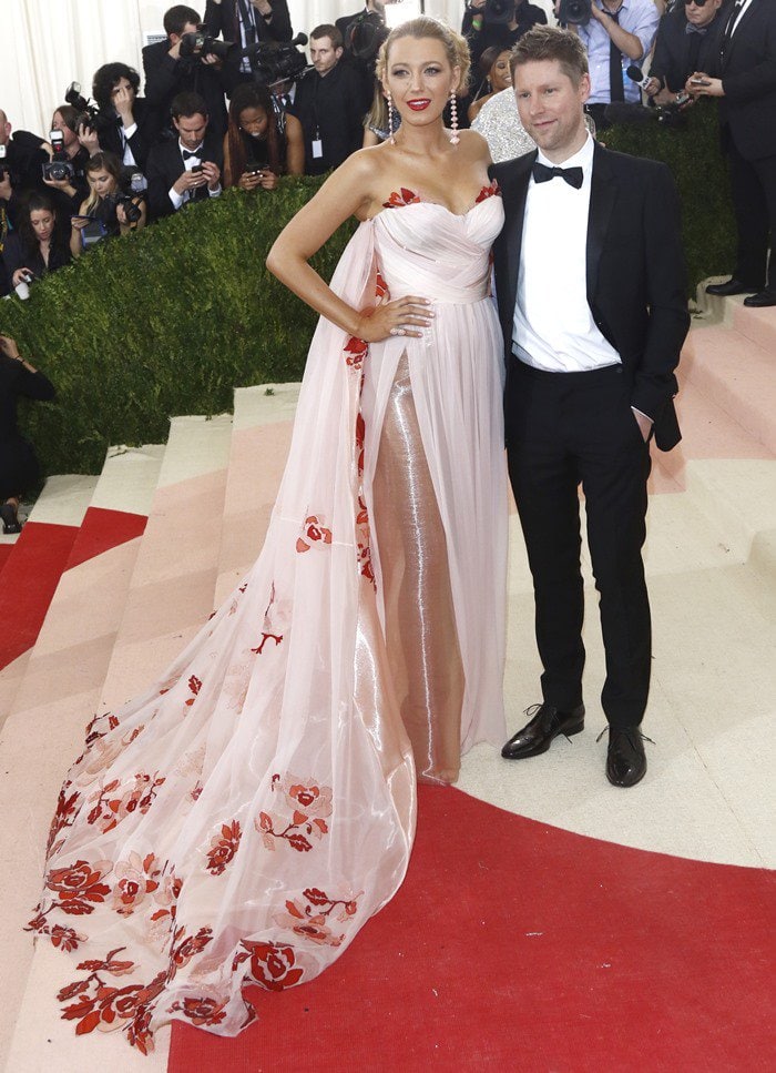 Blake Lively posing with Christopher Paul Bailey. the Chief Creative and chief executive officer of Burberry, at the 2016 Metropolitan Museum of Art Costume Institute Gala &ndash; Manus x Machina: Fashion in the Age of Technology held at the Metropolitan Museum of Art in New York City on May 2, 2016