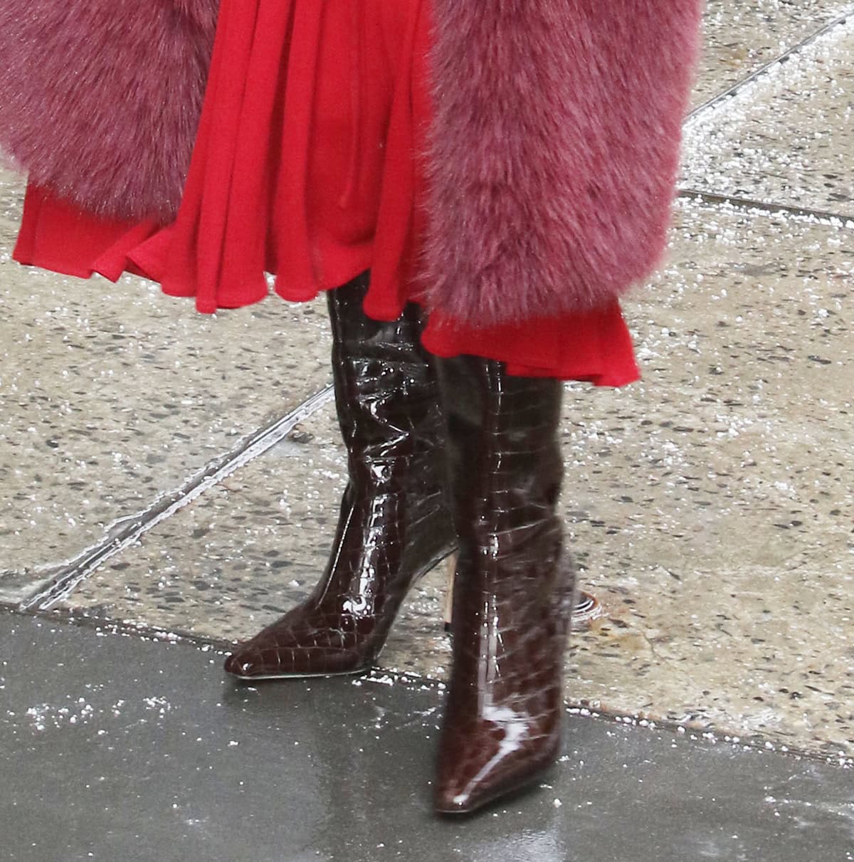 Priyanka Chopra slips into the burgundy Jimmy Choo &ldquo;Agathe&rdquo; croc-embossed boots
