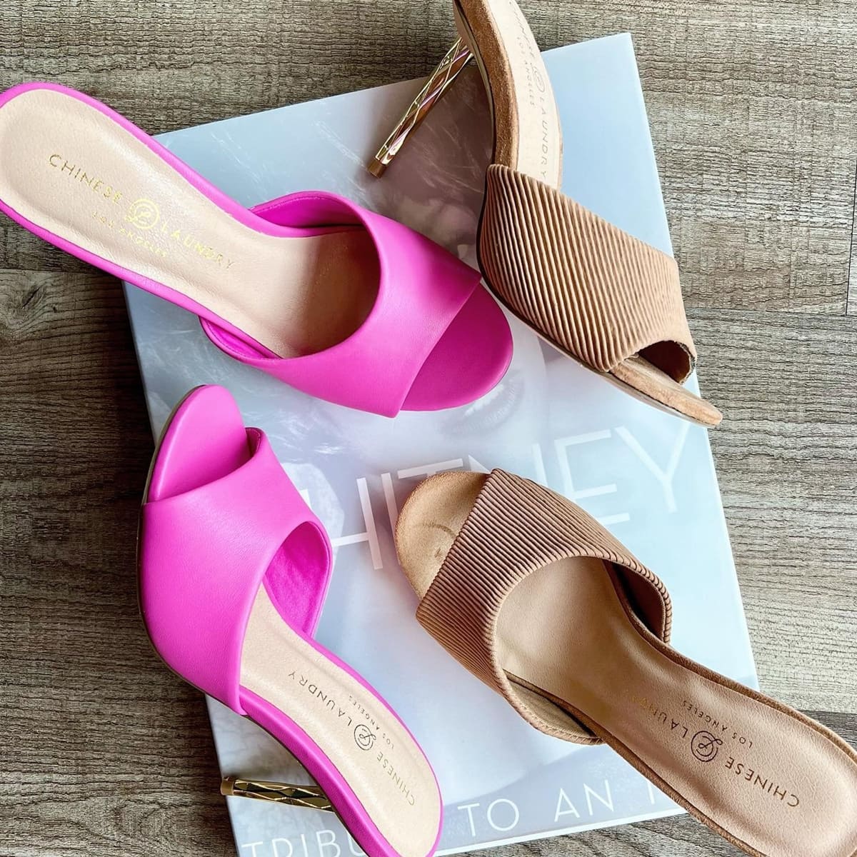 Chinese Laundry's popular Rhonda dress slide featuring&nbsp;a golden detailed heel