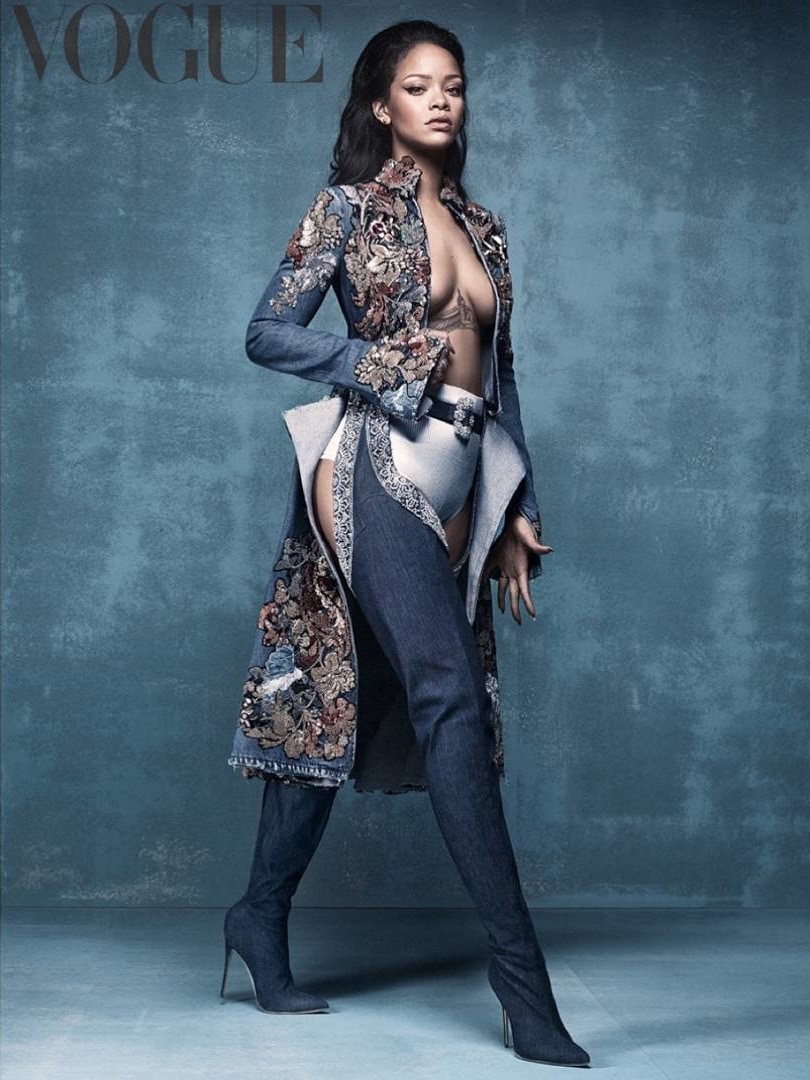 Rihanna promoting her &ldquo;Denim Desserts&rdquo; footwear collaboration with Manolo Blahnik in Vogue