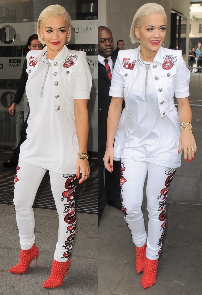 Rita Ora rocked&nbsp;a lip-embroidered crop top paired with jeans
