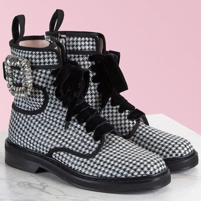 Roger Vivier &lsquo;Viv&rsquo; Rangers&rsquo; ankle boots in black-and-white houndstooth, finished with velvet laces, a crystal-embellished buckle, and a chunky rubber sole
