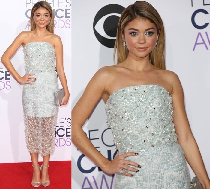 Sarah Hyland donning an exquisite creation of couture craftsmanship from Christian Siriano&rsquo;s Spring 2015 collection