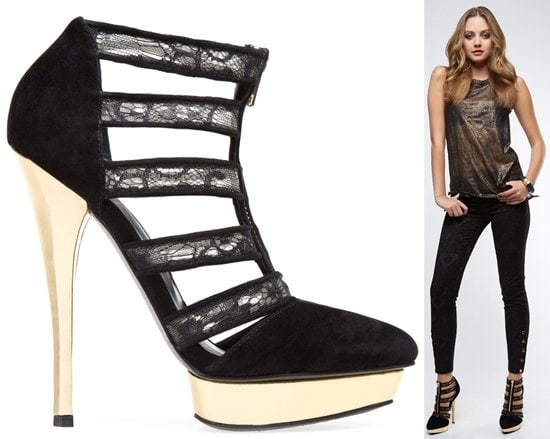 The Nethia bootie&rsquo;s sculptural side cutouts and closed toe design are anchored by a statement metallic heel