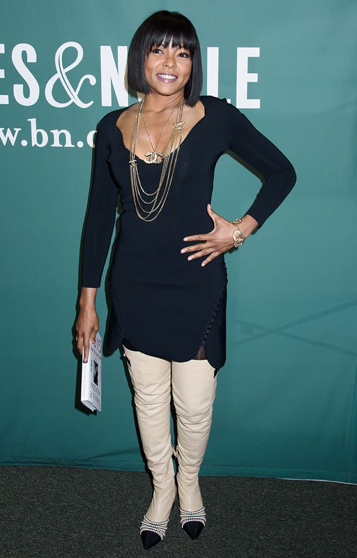 Taraji P. Henson paired a little black dress with unconventional thigh-high boots at Barnes & Noble in New York City for a book signing event