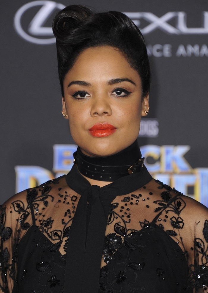 Tessa Thompson donned an Elie Saab dress at the &lsquo;Black Panther&rsquo; premiere at the Dolby Theatre in Hollywood on January 29, 2018
