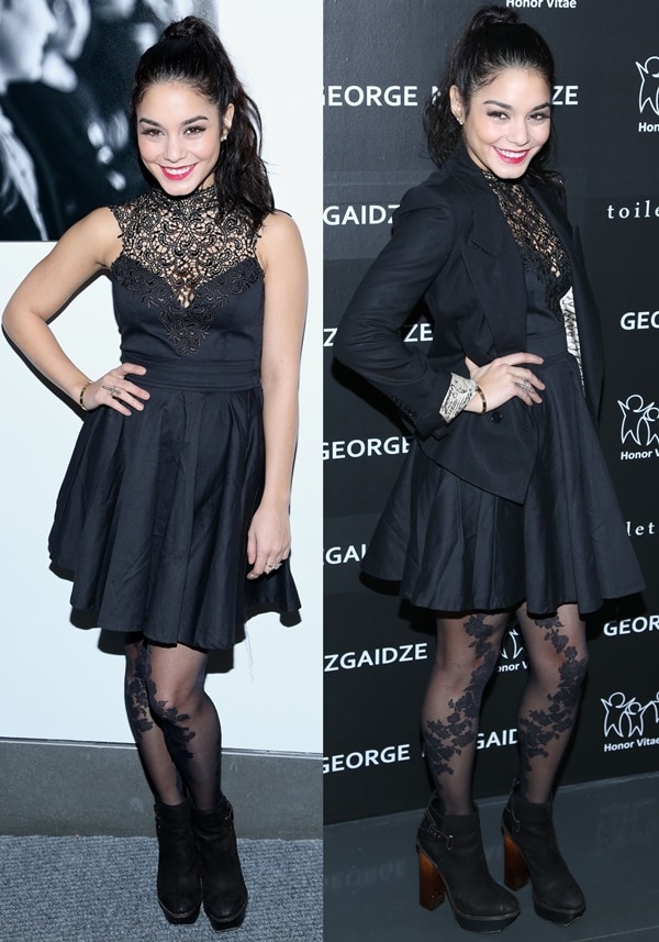 Vanessa Hudgens attends the Charity Meets Fashion Holiday Celebration in New York City on December 17, 2012, wearing a black lace-panel skater dress styled with floral lace tights and chunky ankle booties
