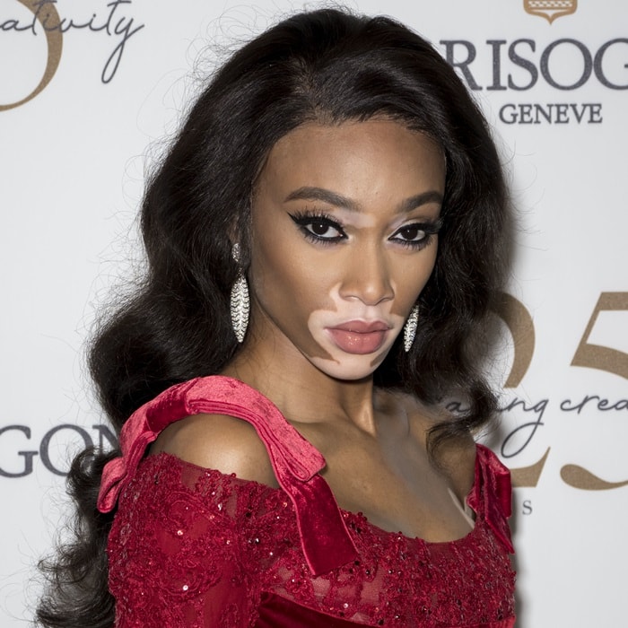 Winnie Harlow&nbsp;in a breathtaking red embellished peplum gown from Elie Saab