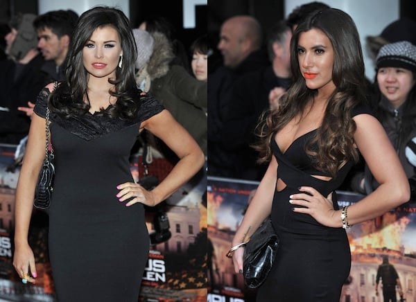 Jessica Wright and Gabriella Ellis posing alike at the UK Premiere of 'Olympus Has Fallen'