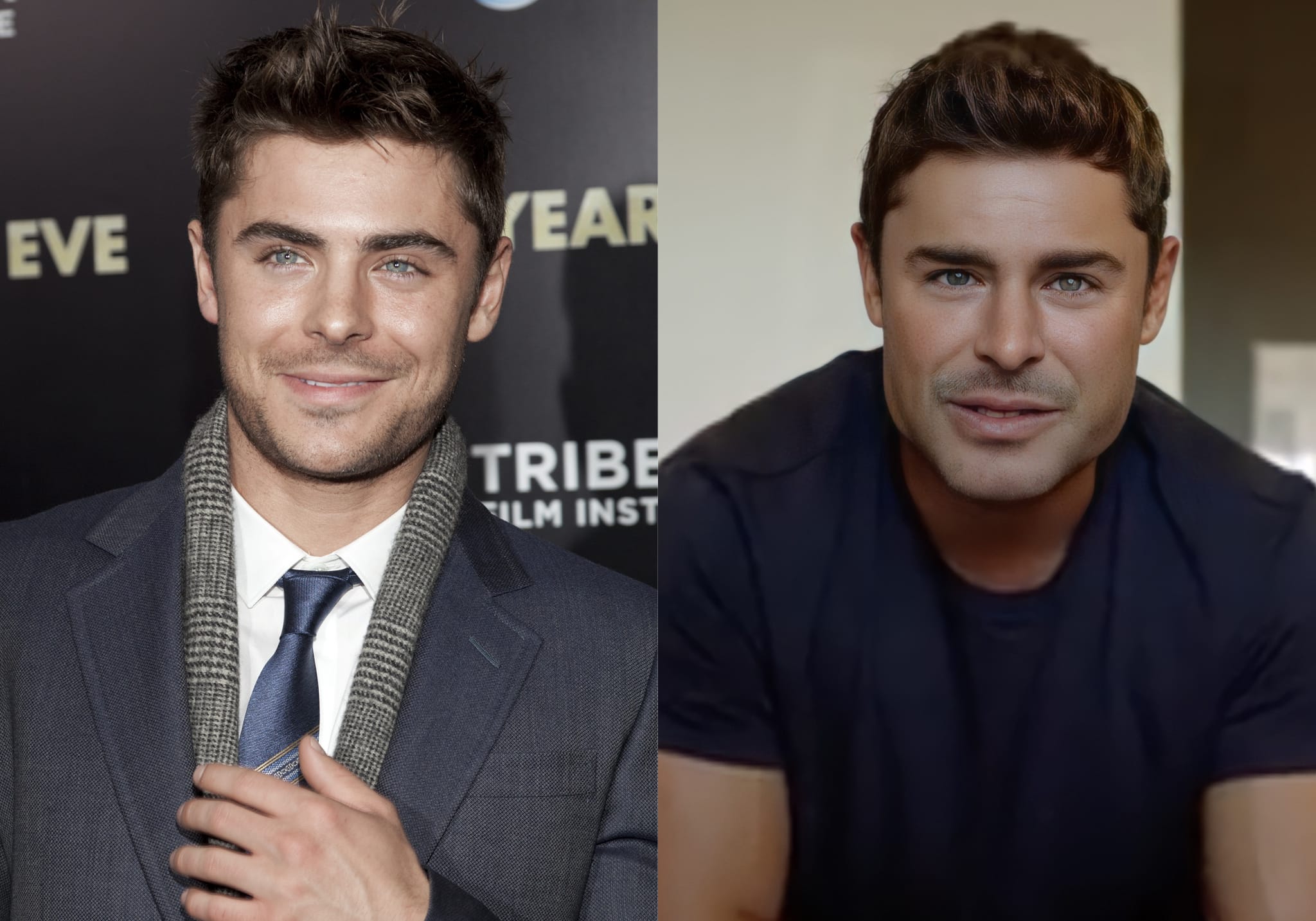 Zac Efron, shown in 2011 (left) and 2021 (right), sparked plastic surgery rumors due to noticeable changes in his jawline