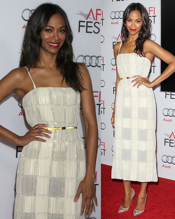 Zoe Salda&ntilde;a looked gorgeous in a cream Calvin Klein dress with shimmery embroideries and embellishments that created a check-like pattern