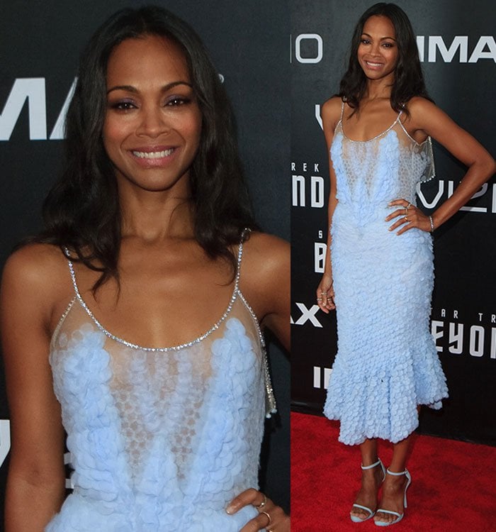 Zoe Salda&ntilde;a in pastel blue Givenchy Fall 2015 dress