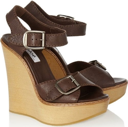 Chlo&eacute; Leather and Wooden Wedge Sandals