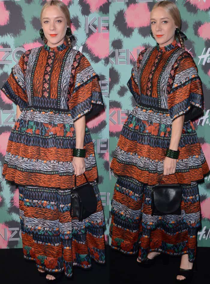 Chlo&euml; Sevigny wearing a Kenzo x H&M patterned maxi dress at the Kenzo x H&M fashion show
