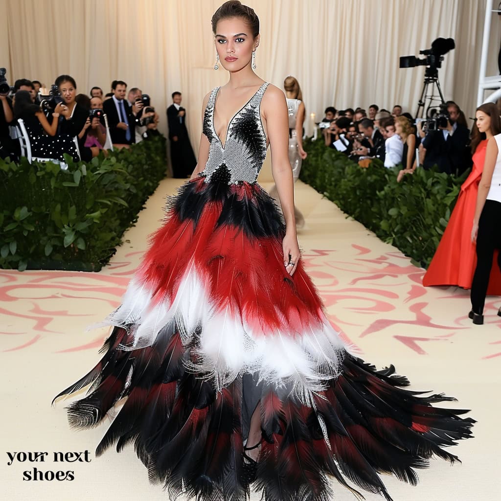 Model on the red carpet wearing a luxurious tri-color gown inspired by Cate Blanchett&rsquo;s Prabal Gurung Resort 2014 collection