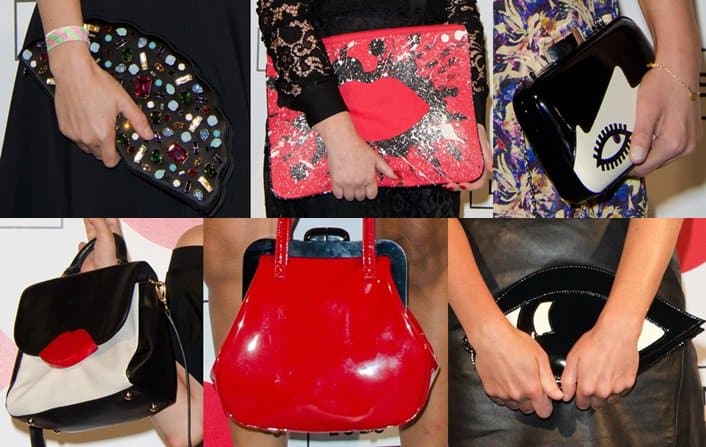 A colorful selection of Lulu Guinness handbags &mdash; including her signature Lips and Eye designs &mdash; displayed at the Paint Project party