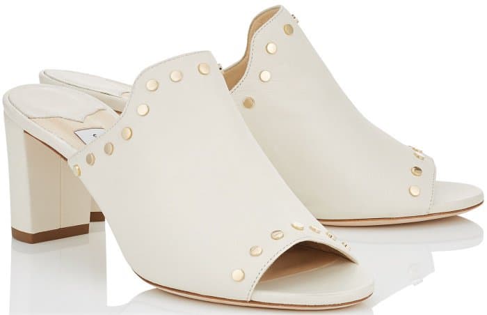 Jimmy Choo &ldquo;Myla&rdquo; White Nappa Leather Mules with Gold Studs