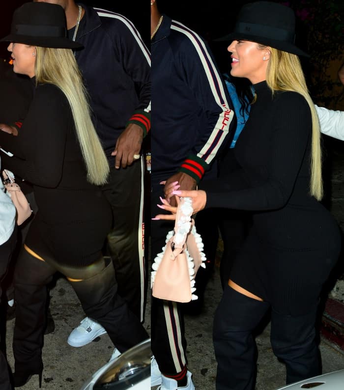 Khlo&eacute; Kardashian wearing a Naked Wardrobe dress, a Maison Michel fedora, and black slouchy over-the-knee boots