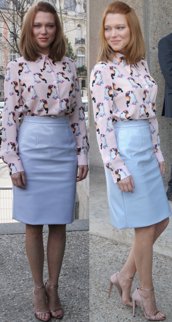 L&eacute;a Seydoux stuns in a pastel pink printed blouse paired with a sleek pale blue vinyl skirt and nude ankle-strap sandals at the Miu Miu Fall/Winter 2014 show during Paris Fashion Week