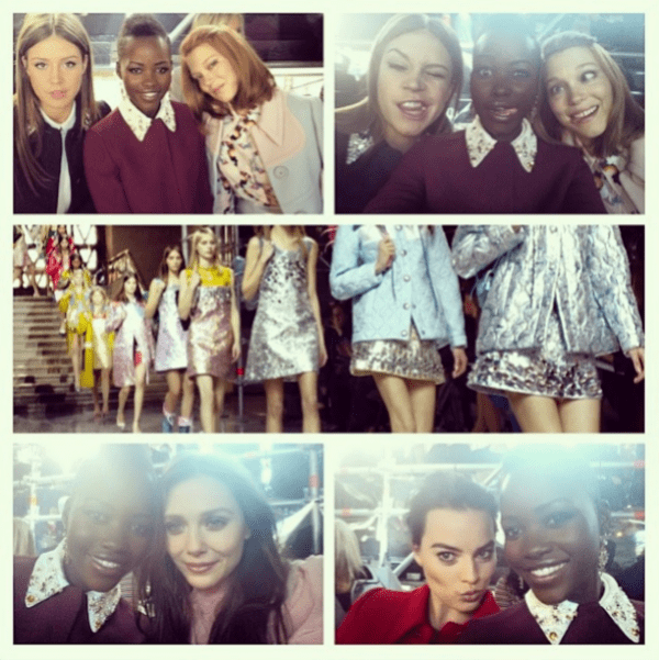 Lupita Nyong'o's Instagram photo with the caption, "#MiuMiu Fall/Winter Fashion Show, Front Row #selfies. Ad&egrave;le Exarchopoulos, L&eacute;a Seydoux, Elizabeth Olsen and Margaux Robbie." - posted on March 6, 2014