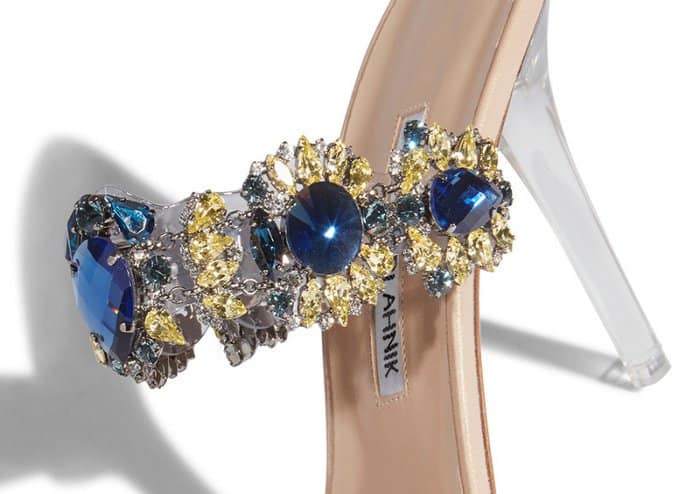 Rihanna x Manolo Blahnik &ldquo;Bajan Princess&rdquo; blue crystal and PVC detail high-heel mules