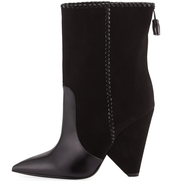 Saint Laurent &ldquo;Niki&rdquo; mixed-leather mid-calf boots featuring smooth leather panels, a pointed toe, and a sculptural cone wedge heel