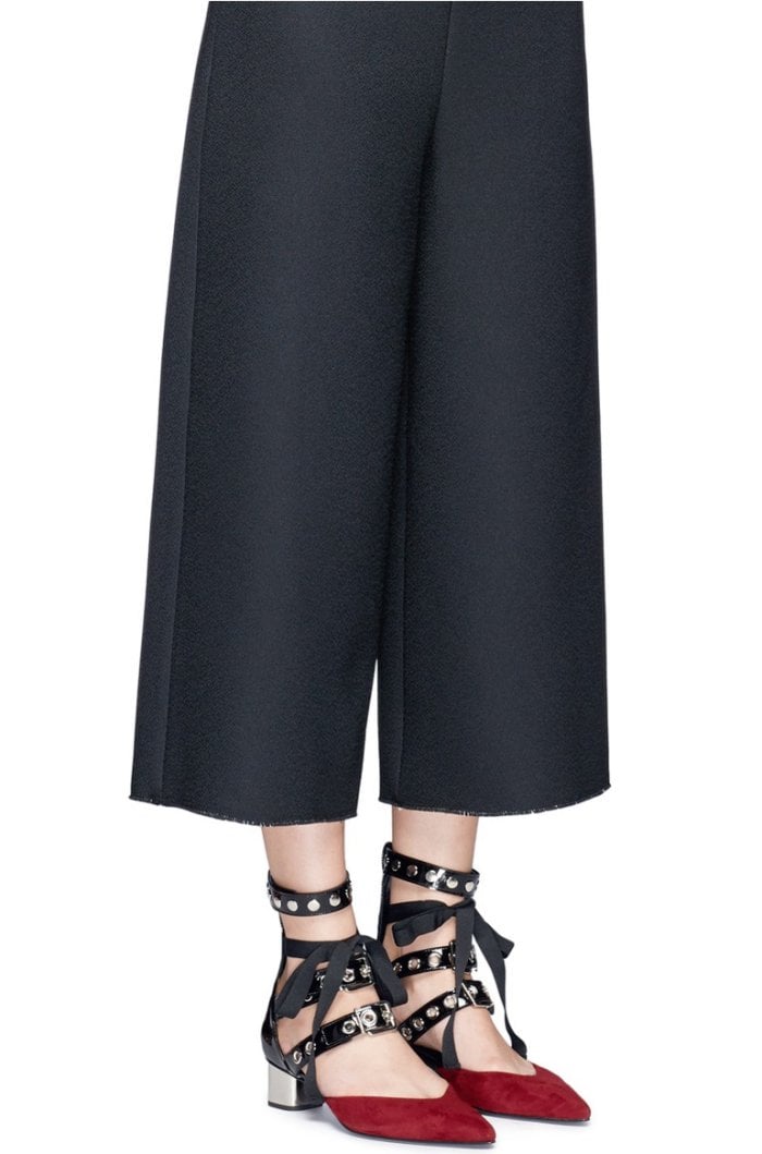 Self-Portrait x Robert Clergerie &ldquo;Susa&rdquo; Eyelet Strappy Suede Pumps in Dark Red and Black