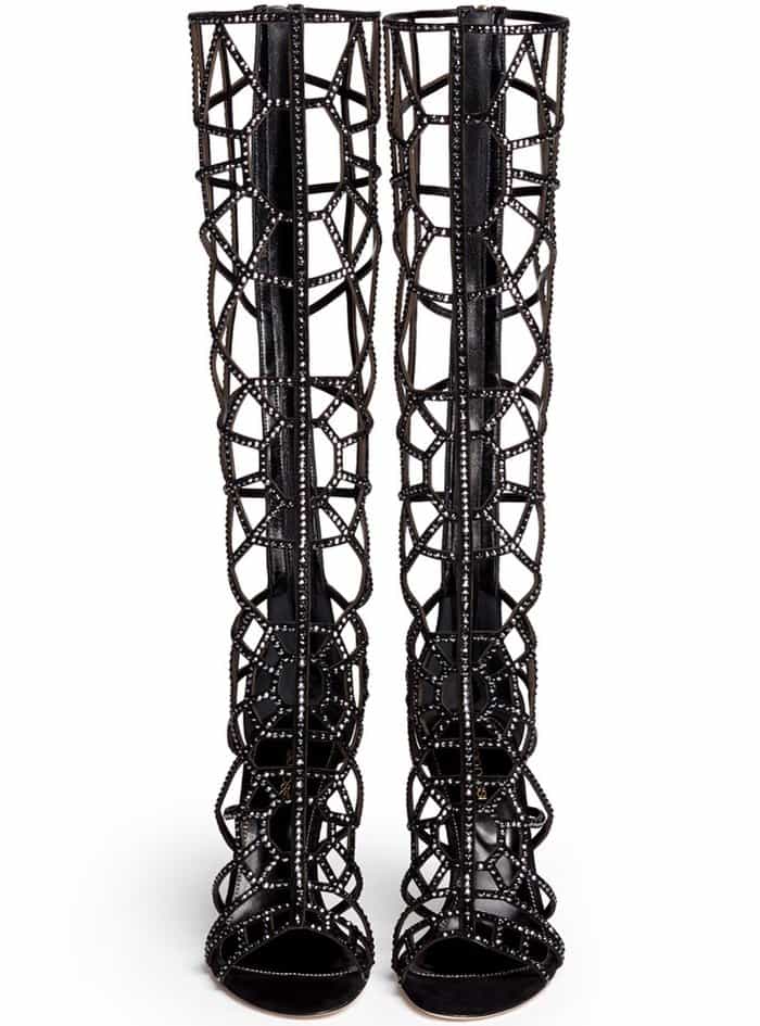 Sergio Rossi &ldquo;Puzzle&rdquo; Suede Strass Cutout Cage Sandal Boots