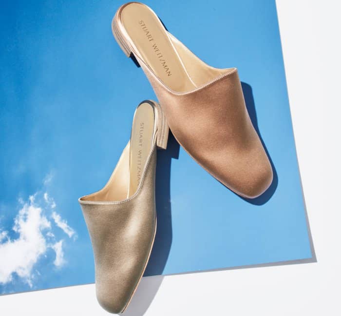 Stuart Weitzman &ldquo;Mulearky&rdquo; Flats in Blush and Taupe Satin