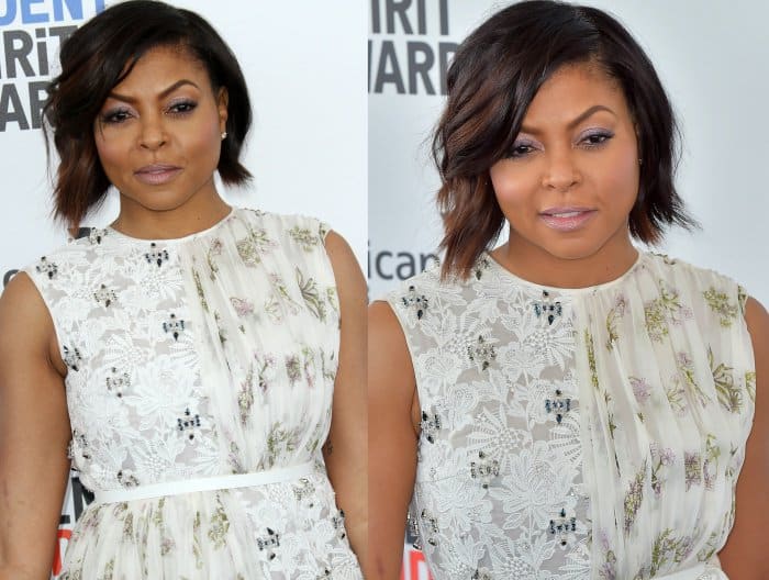 Taraji P. Henson's&nbsp;hair was styled in a side-parted wavy bob, and her makeup was done in pastel hues
