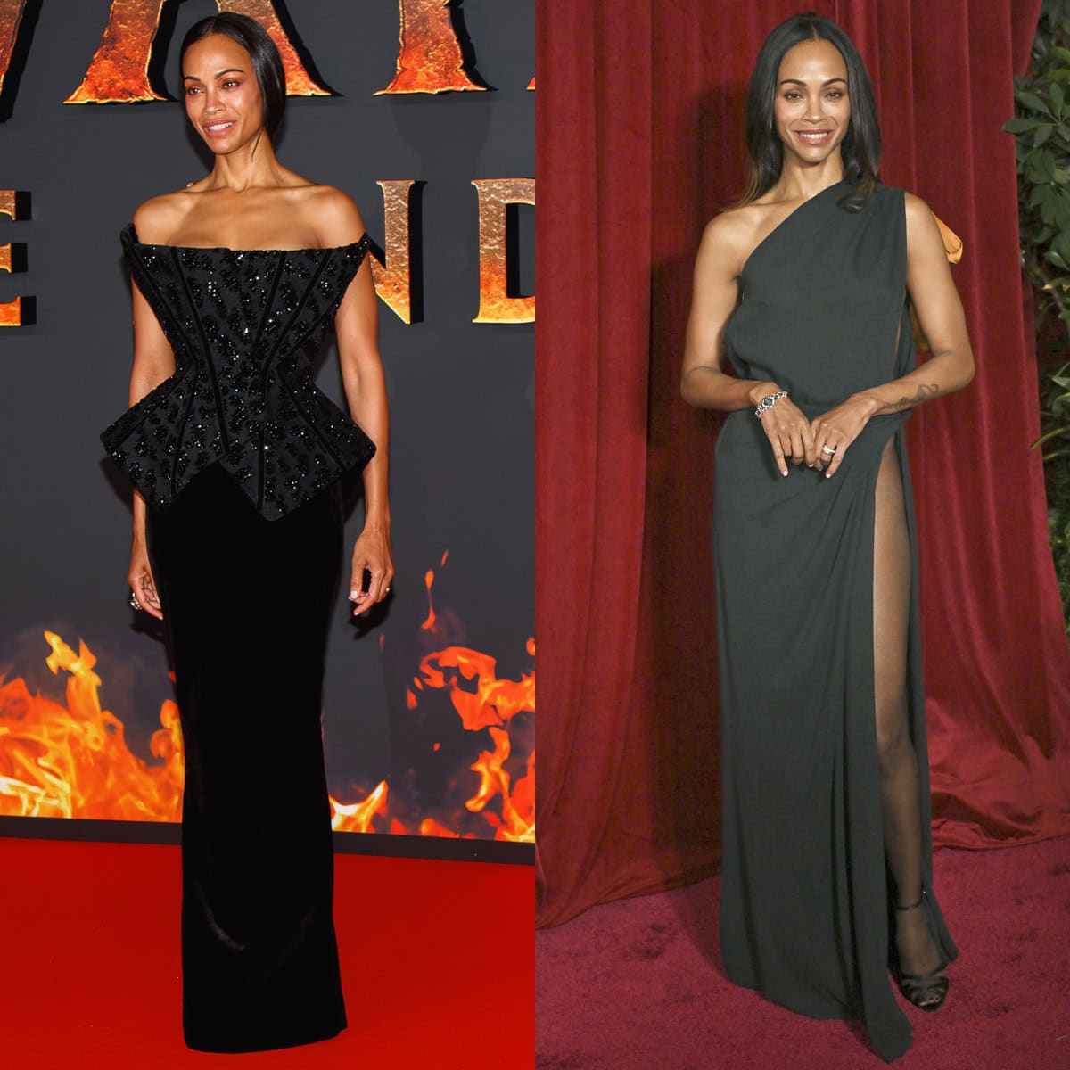 Zoe Salda&ntilde;a showcases two striking red-carpet moods&mdash;an architectural black Balmain gown paired with Saint Laurent &ldquo;La Scandale&rdquo; platforms in Paris, and a daring one-shoulder Saint Laurent dress styled with the brand&rsquo;s sleek &ldquo;Chandelle&rdquo; sandals in Los Angeles